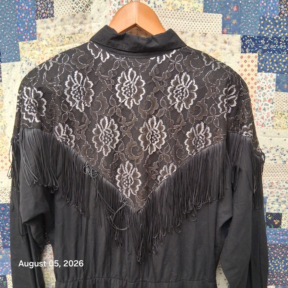 Vintage 80s Lilia Smith Dress Womens Large Black Lace Fringe Western Rodeo Maxi - Picture 6 of 12
